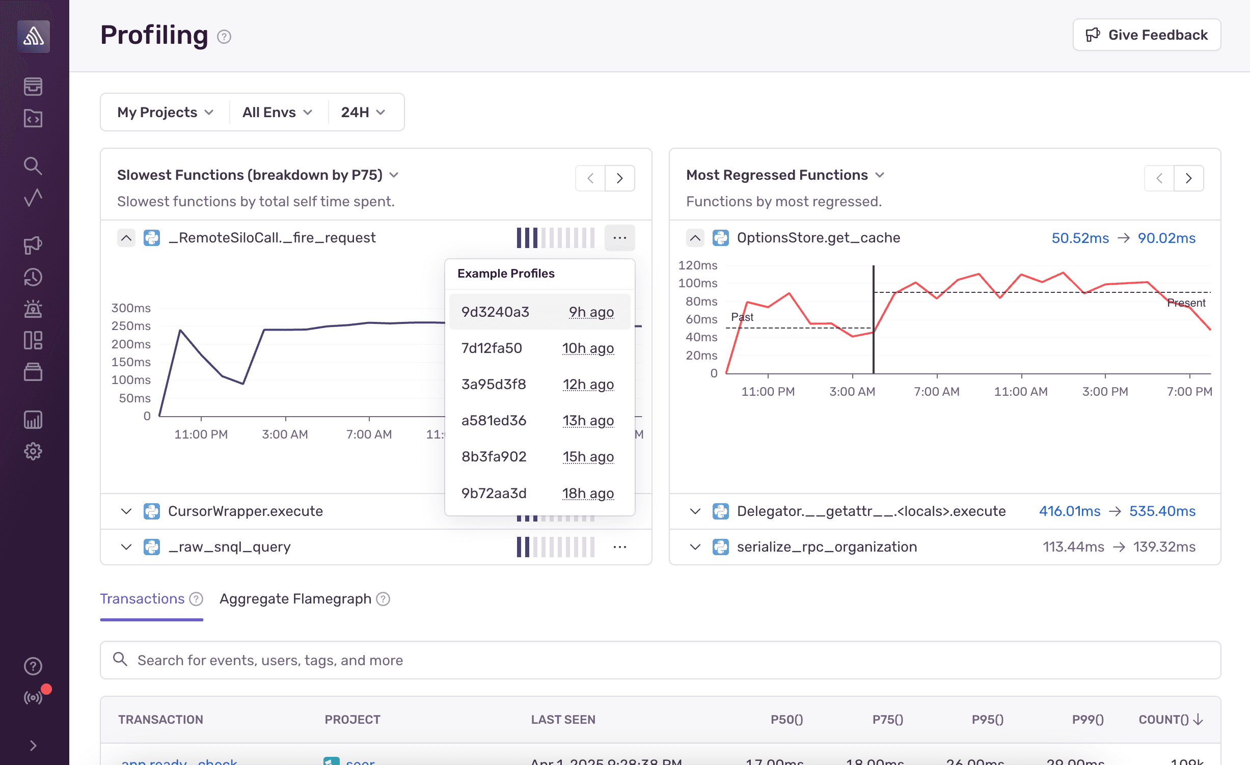 Slowest Functions and Most Regressed Functions on the Profiling page